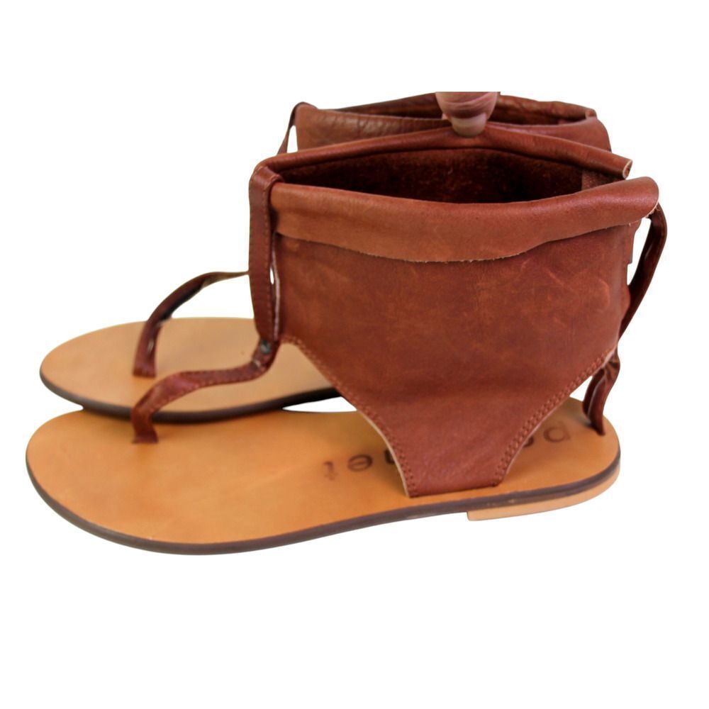 Porronet BROWN REAL LEATHER OPEN TOE ZIP FLAT SLINGBACK SANDALS SHOES Size 37 - Picture 3 of 11